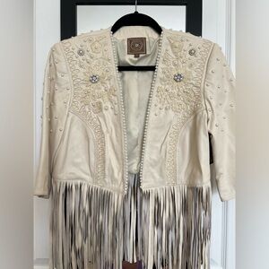 Cream, pearl embroidery bridal bolero jacket with fringe